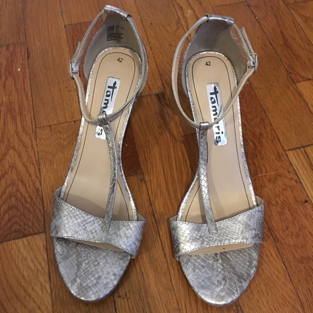 silver sandals, high heels, size 12, like new